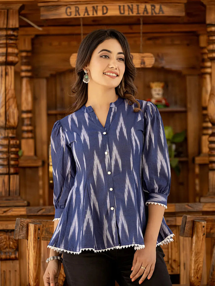 Blue-Cotton-Ikat-Print-Puffed-Sleeve-Tops