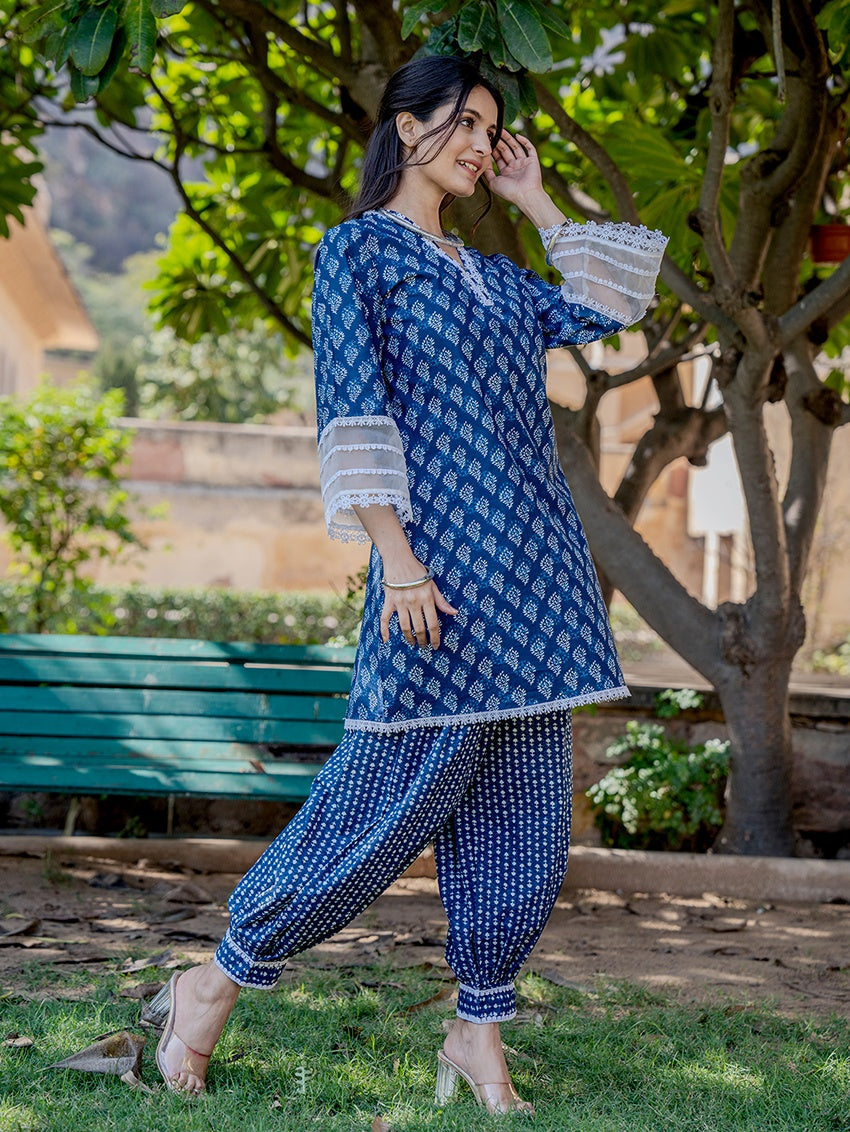 Blue-Cotton-Printed-Top-Harem-Pant-Co-Ord-Set