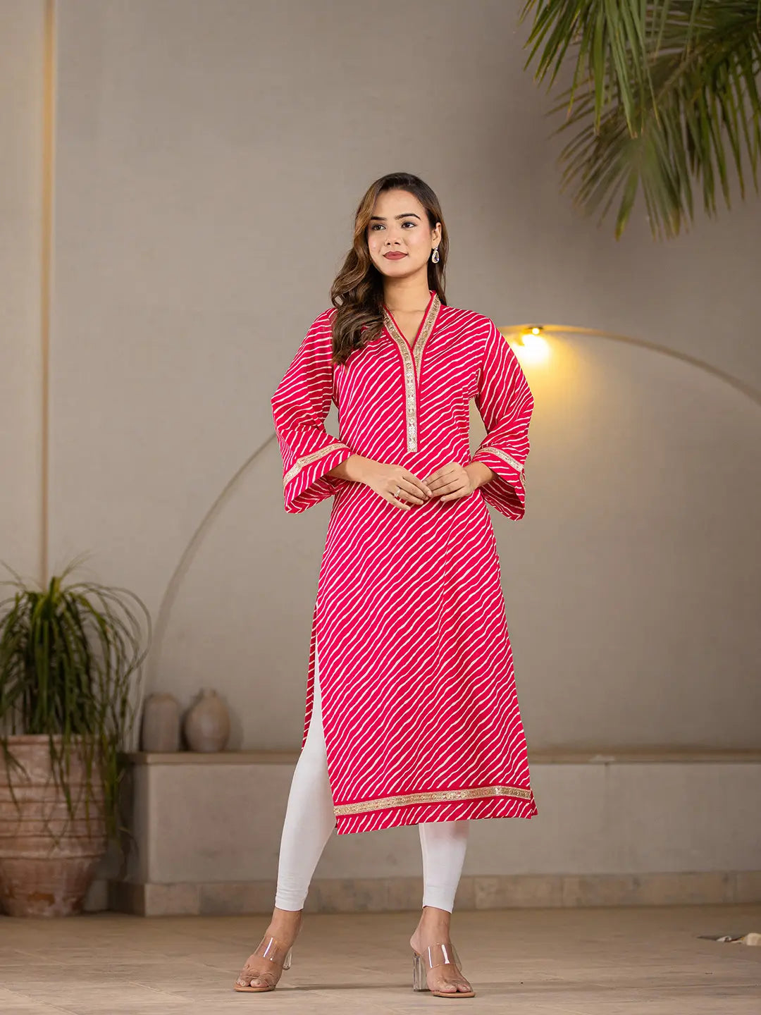 Hot-Pink-Cotton-Lehariya-Printed-A-Line-Kurta