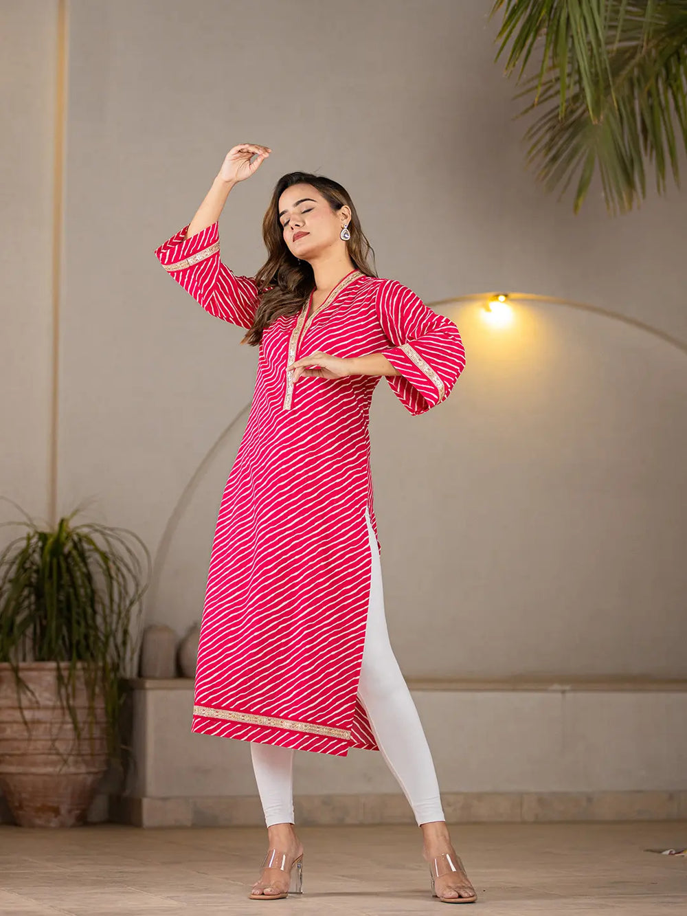 Hot-Pink-Cotton-Lehariya-Printed-A-Line-Kurta