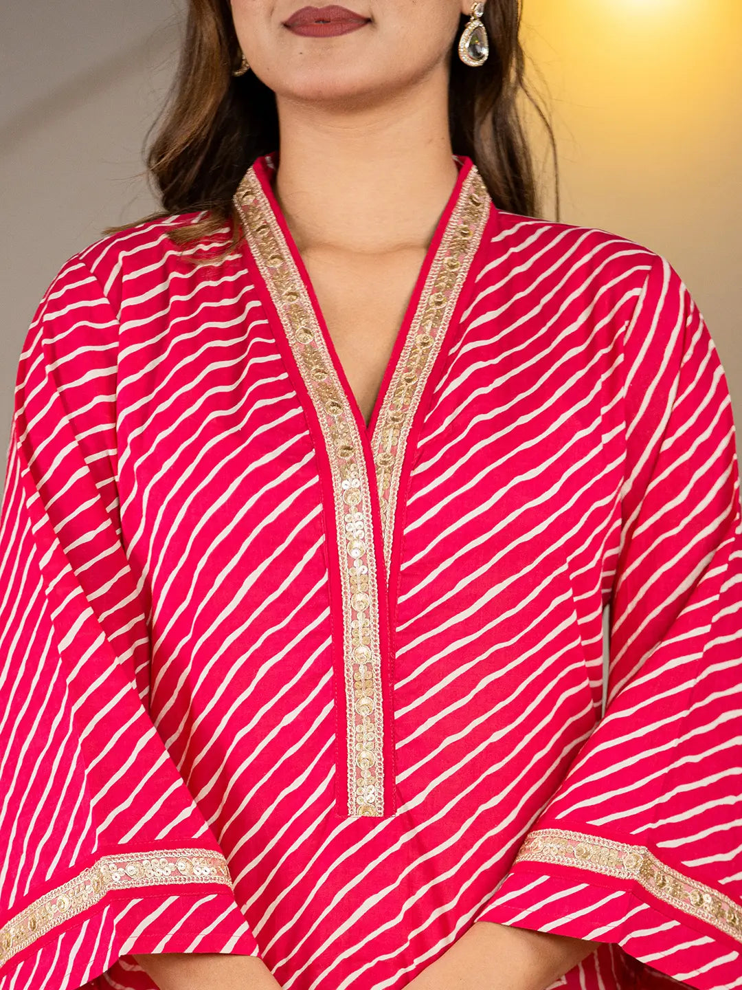 Hot-Pink-Cotton-Lehariya-Printed-A-Line-Kurta