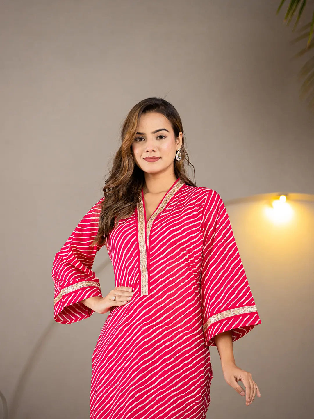 Hot-Pink-Cotton-Lehariya-Printed-A-Line-Kurta