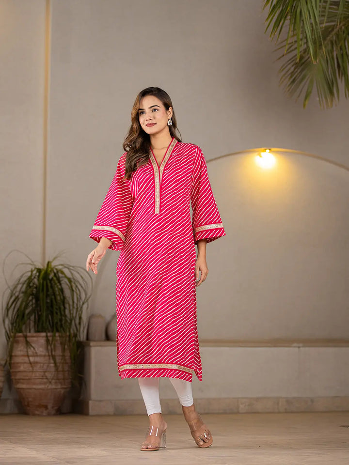 Hot-Pink-Cotton-Lehariya-Printed-A-Line-Kurta