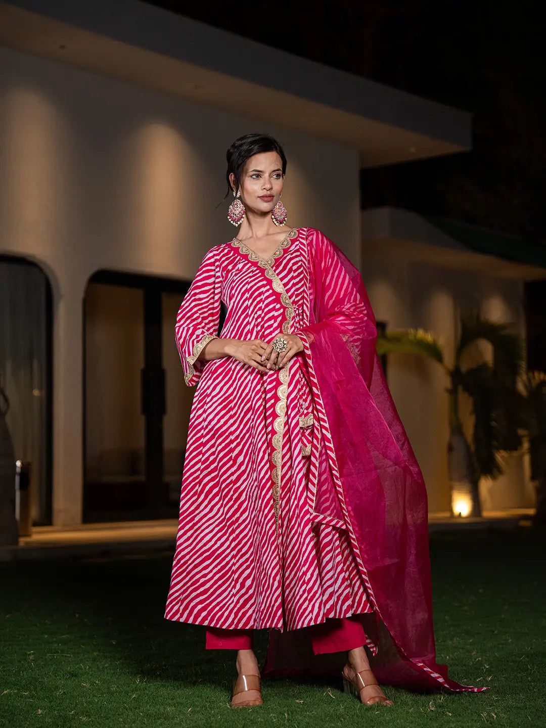 Hot-Pink-Cotton-Leheriya-Printed-3-Piece-Kurta-Set