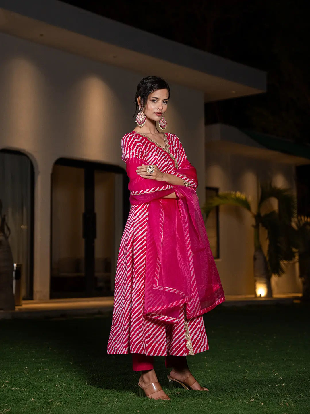 Hot-Pink-Cotton-Leheriya-Printed-3-Piece-Kurta-Set