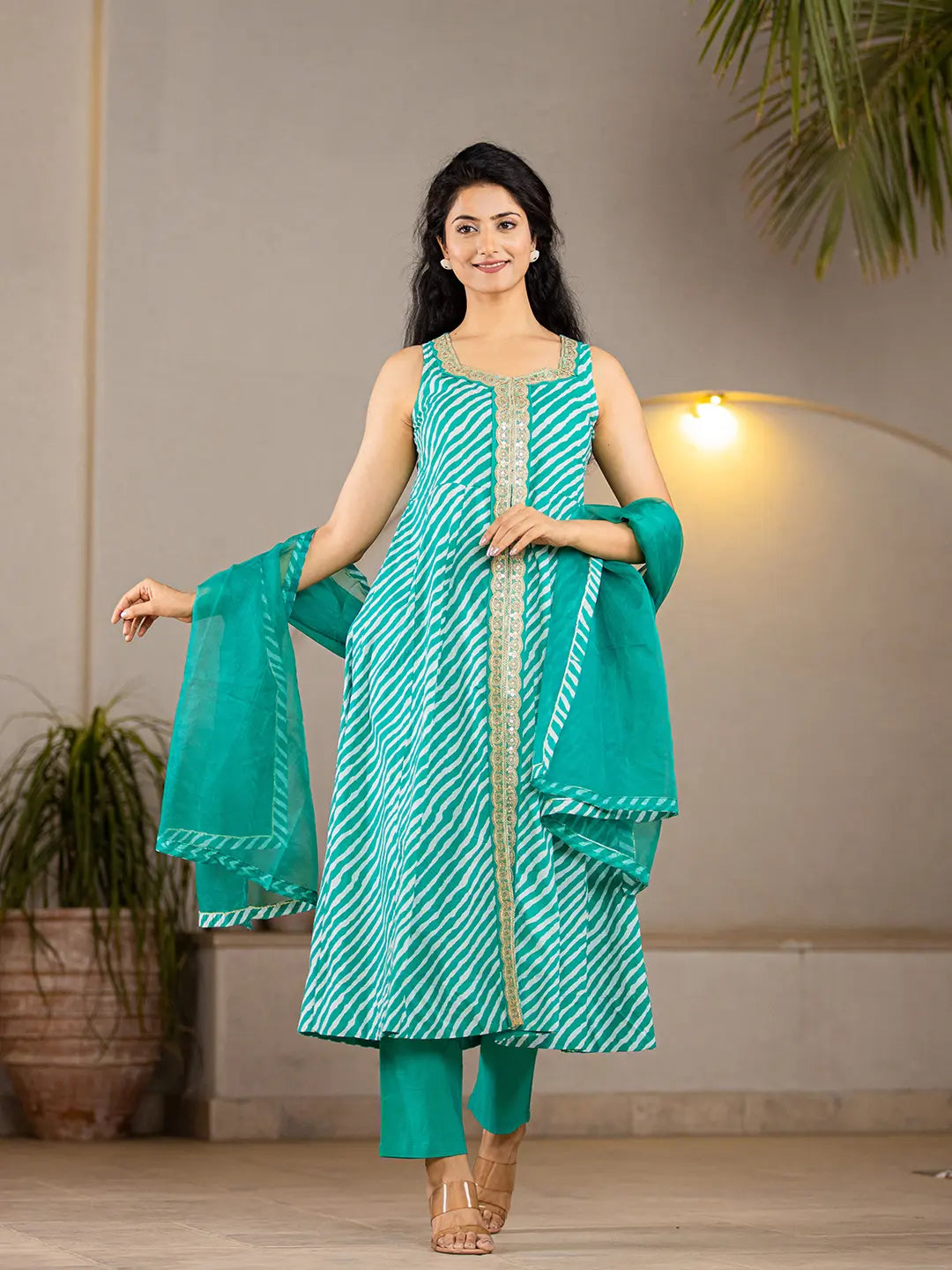 Teal-Green-Cotton-Leheriya-3-Piece-Kurta-Set