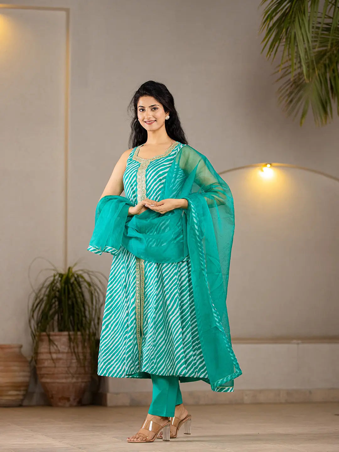 Teal-Green-Cotton-Leheriya-3-Piece-Kurta-Set