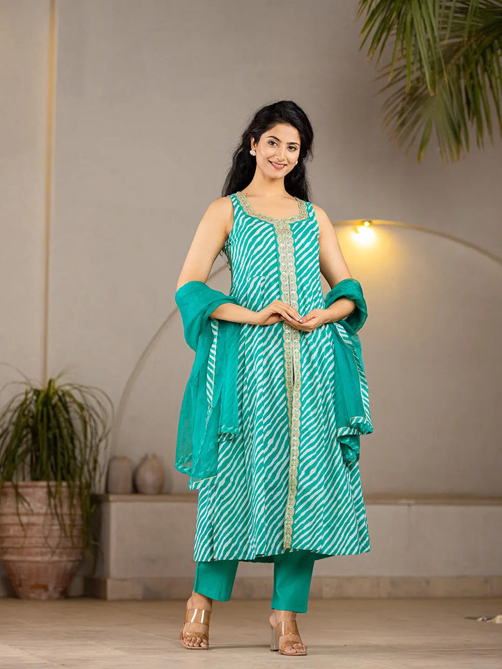 Teal-Green-Cotton-Leheriya-3-Piece-Kurta-Set