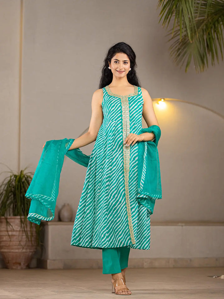 Teal-Green-Cotton-Leheriya-3-Piece-Kurta-Set