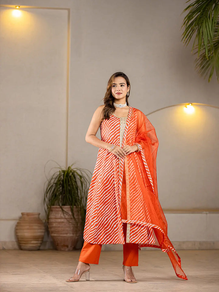 Orange-Cotton-Leheriya-3-Piece-Kurta-Set