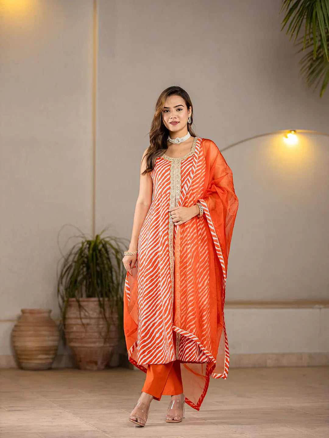 Orange-Cotton-Leheriya-3-Piece-Kurta-Set