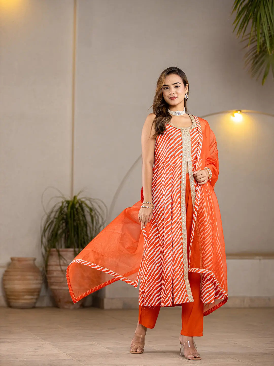 Orange-Cotton-Leheriya-3-Piece-Kurta-Set