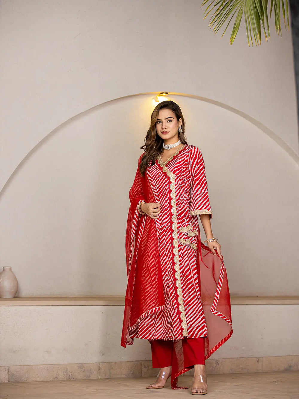 Red-Cotton-Leheriya-Printed-3-Piece-Kurta-Set