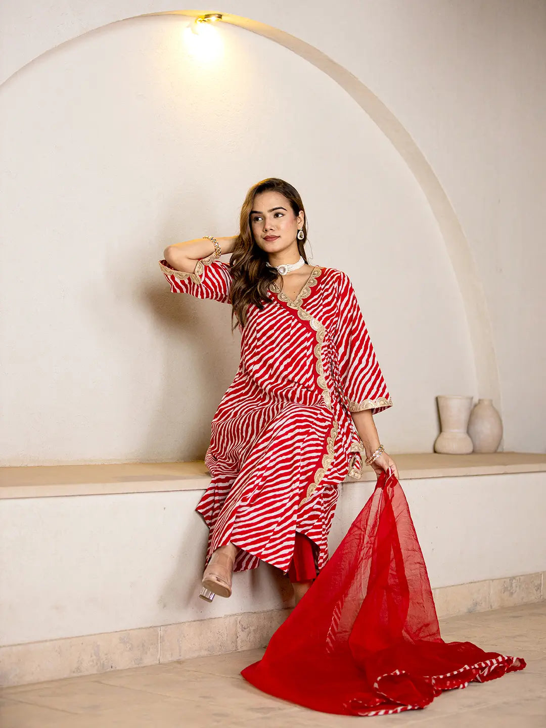 Red-Cotton-Leheriya-Printed-3-Piece-Kurta-Set