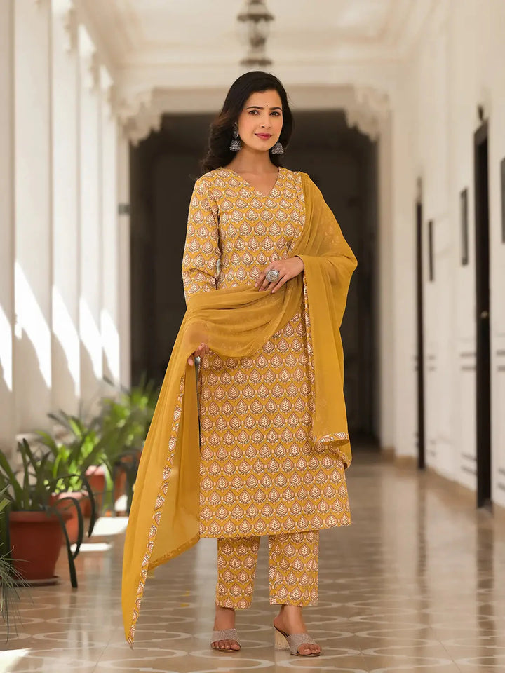 Mustard-Yellow-Cotton-Leaf-Print-3-Piece-Kurta-Set