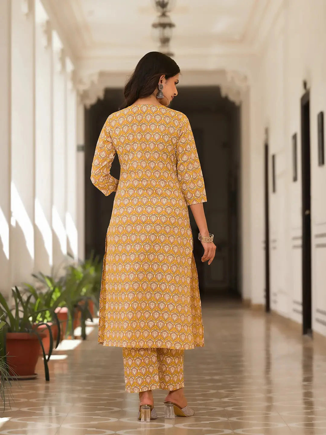 Mustard-Yellow-Cotton-Leaf-Print-3-Piece-Kurta-Set