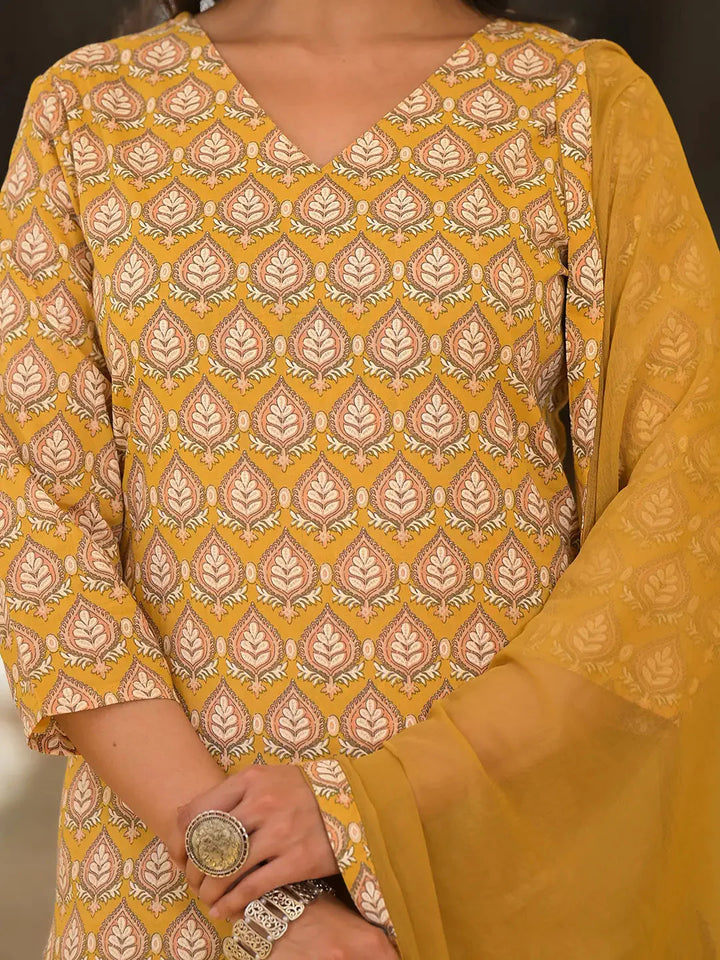 Mustard-Yellow-Cotton-Leaf-Print-3-Piece-Kurta-Set