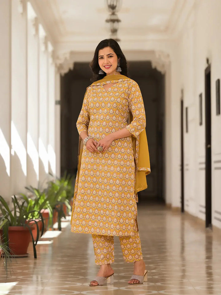 Mustard-Yellow-Cotton-Leaf-Print-3-Piece-Kurta-Set