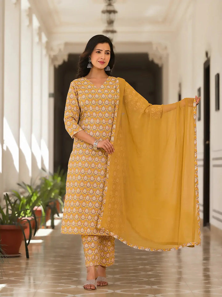 Mustard-Yellow-Cotton-Leaf-Print-3-Piece-Kurta-Set