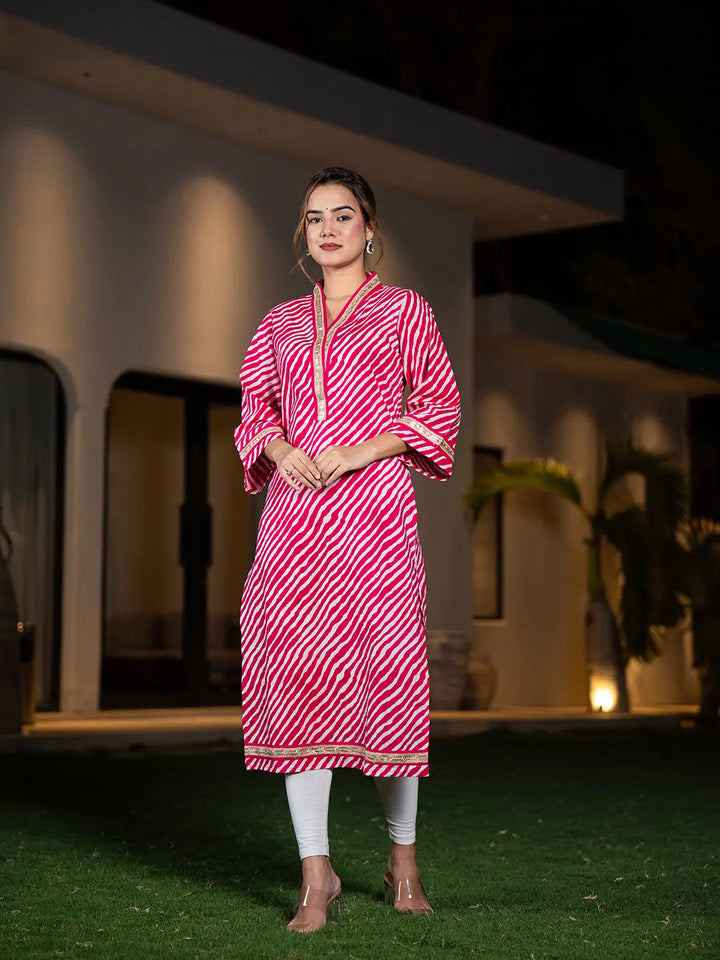 Pink-Cotton-Lehariya-Printed-A-Line-Kurta