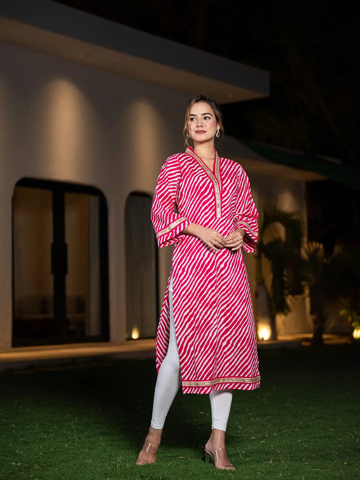 Pink-Cotton-Lehariya-Printed-A-Line-Kurta