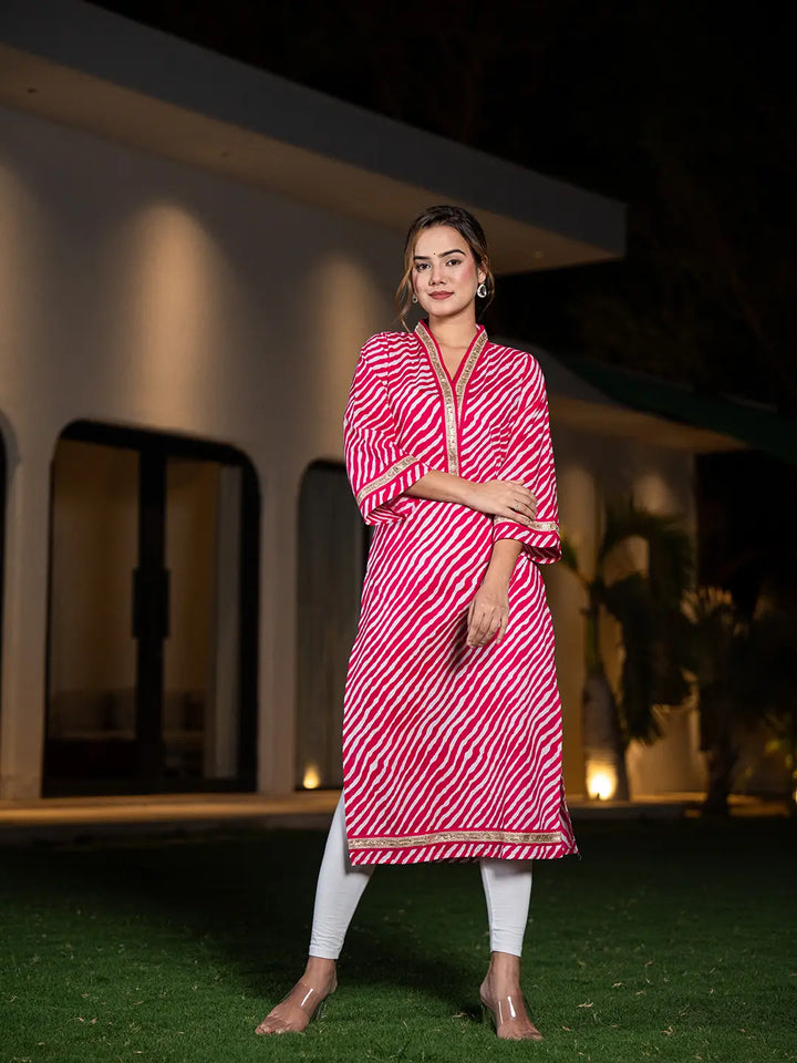 Pink-Cotton-Lehariya-Printed-A-Line-Kurta