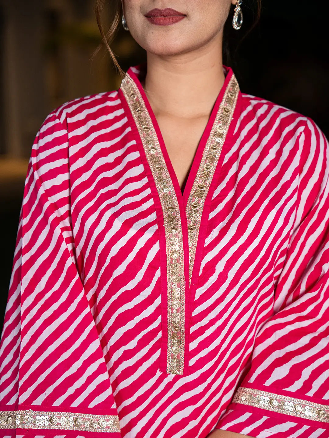 Pink-Cotton-Lehariya-Printed-A-Line-Kurta