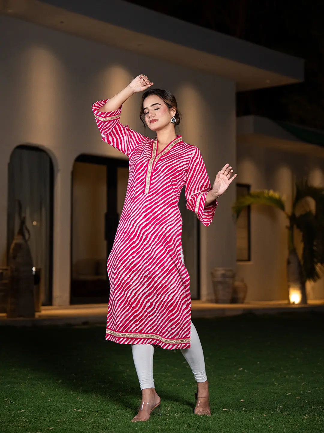 Pink-Cotton-Lehariya-Printed-A-Line-Kurta