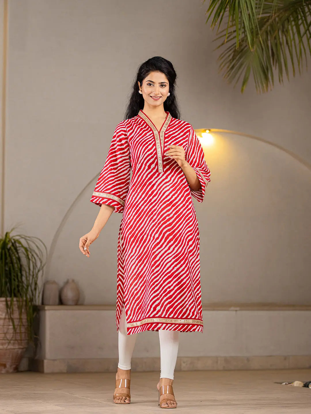 Red-Cotton-Lehariya-Printed-A-Line-Kurta