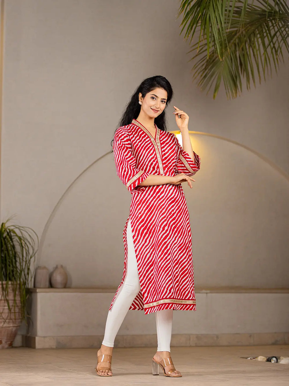 Red-Cotton-Lehariya-Printed-A-Line-Kurta