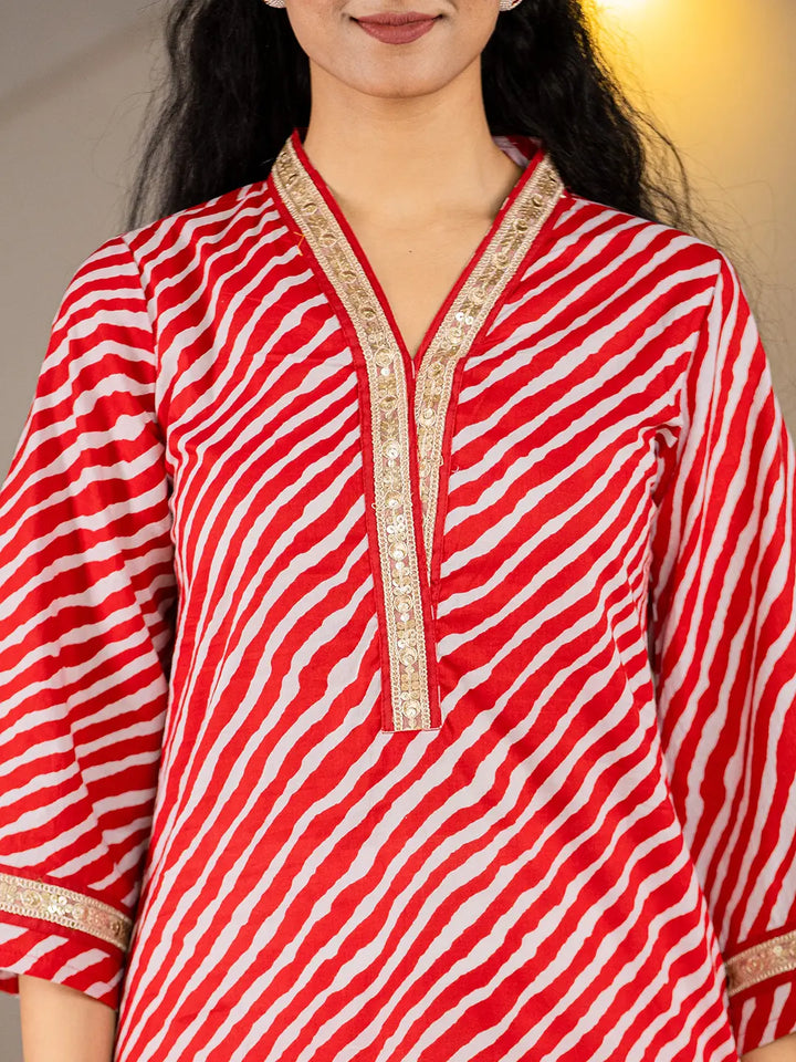 Red-Cotton-Lehariya-Printed-A-Line-Kurta