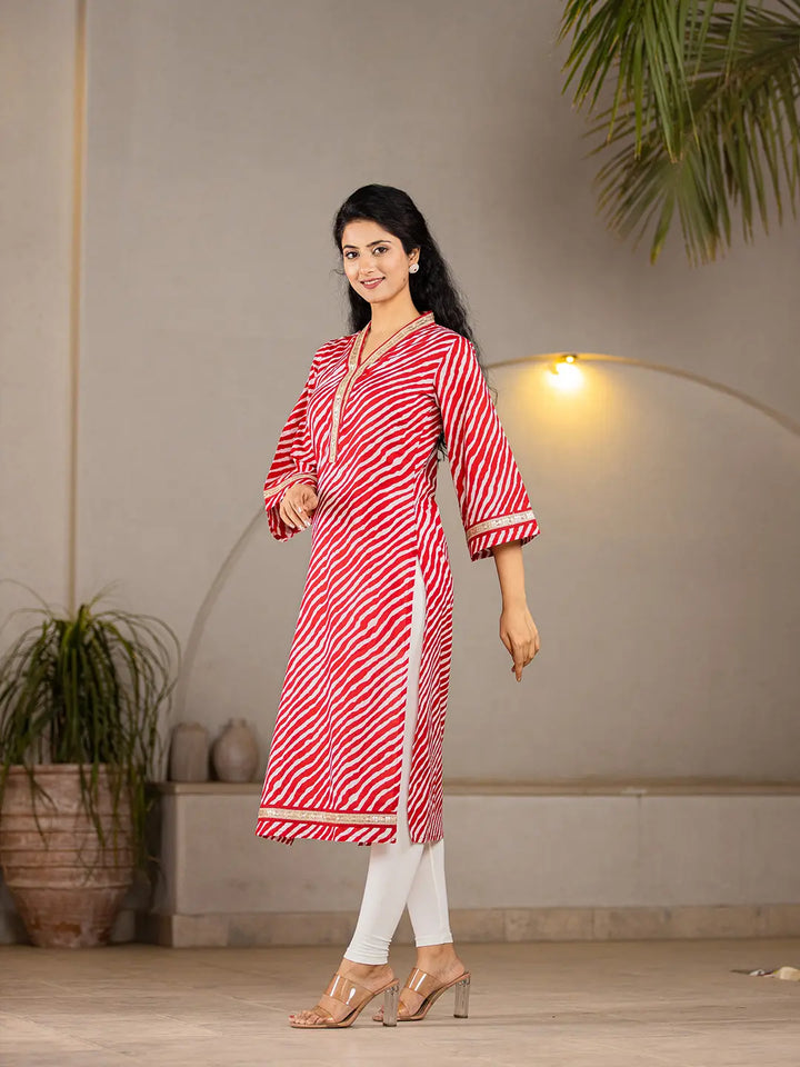 Red-Cotton-Lehariya-Printed-A-Line-Kurta