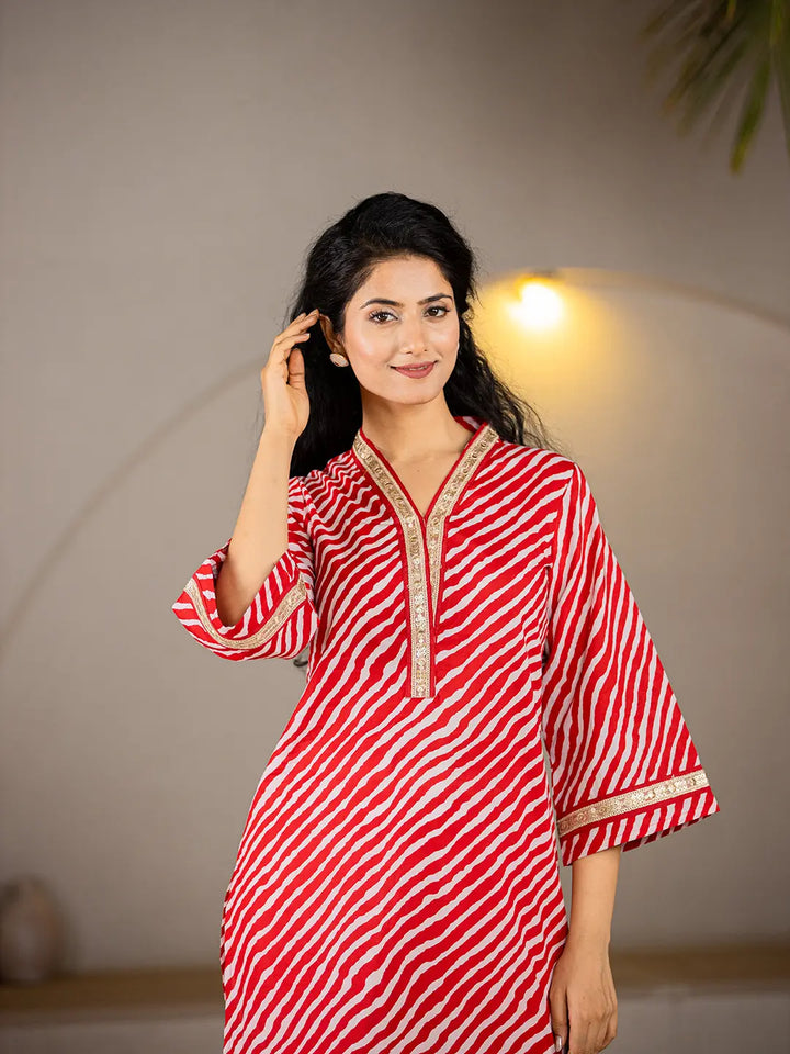 Red-Cotton-Lehariya-Printed-A-Line-Kurta