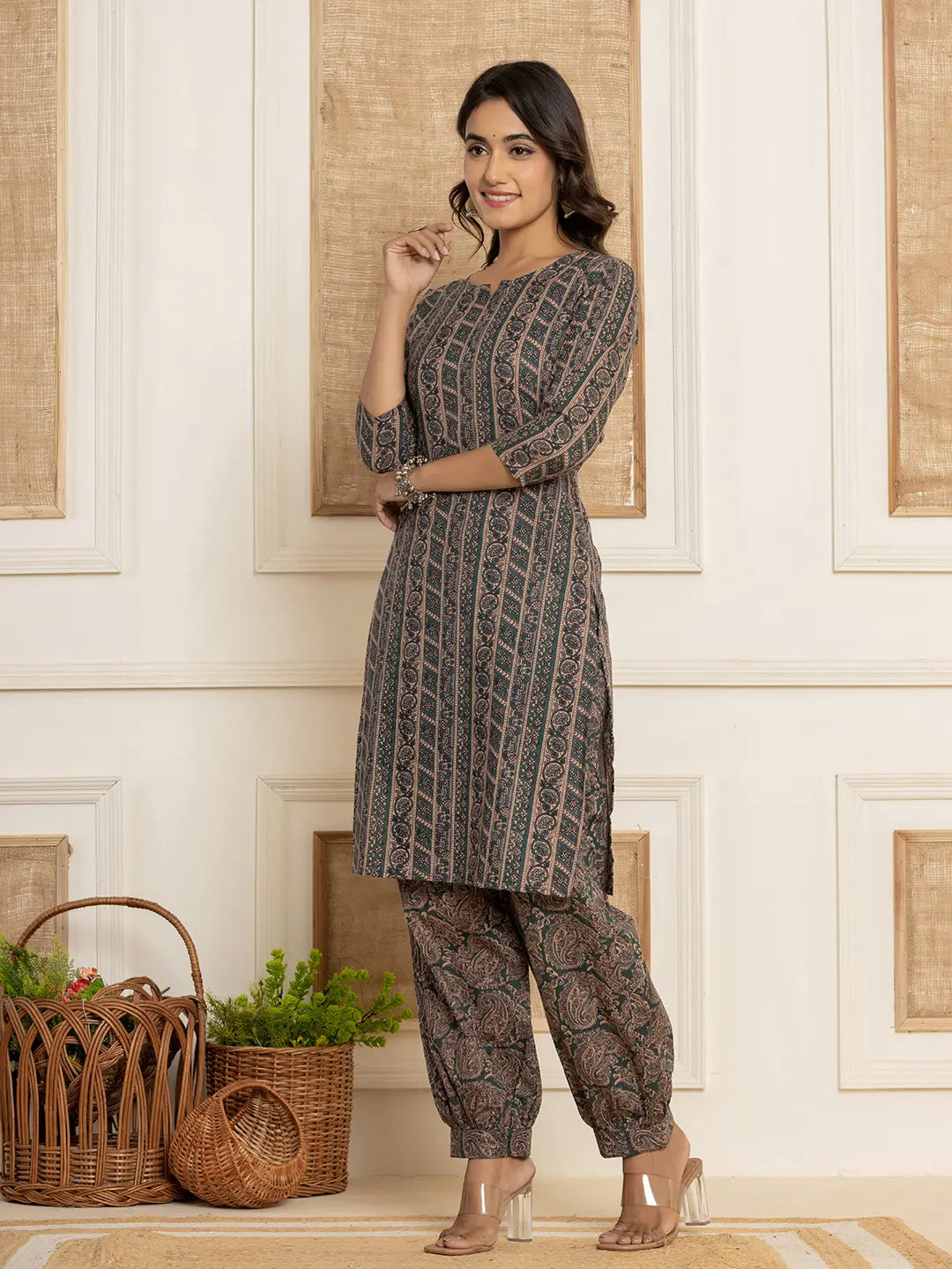 Teal-Cotton-Ethnic-Motifs-Print-Workwear-2-Piece-Kurta-Set