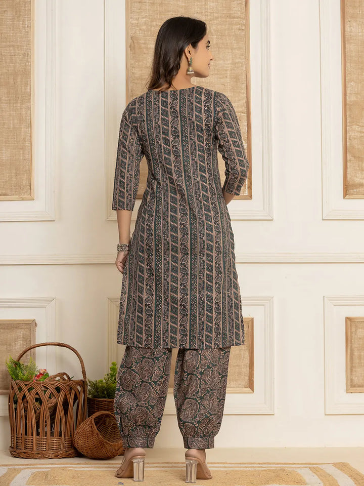 Teal-Cotton-Ethnic-Motifs-Print-Workwear-2-Piece-Kurta-Set