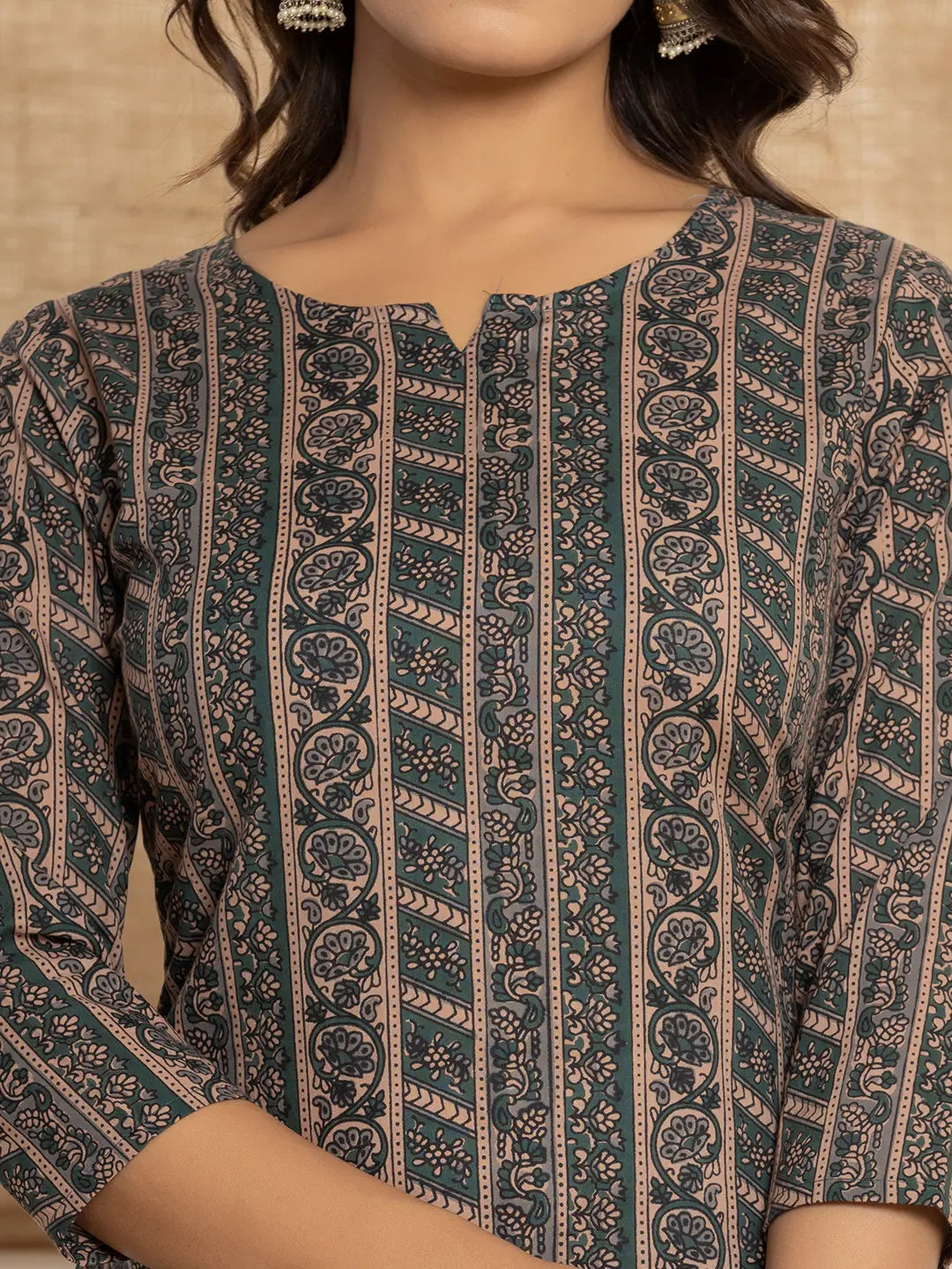 Teal-Cotton-Ethnic-Motifs-Print-Workwear-2-Piece-Kurta-Set