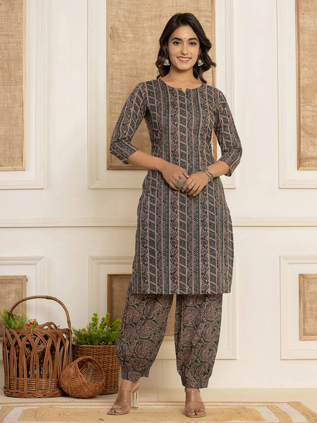 Teal-Cotton-Ethnic-Motifs-Print-Workwear-2-Piece-Kurta-Set