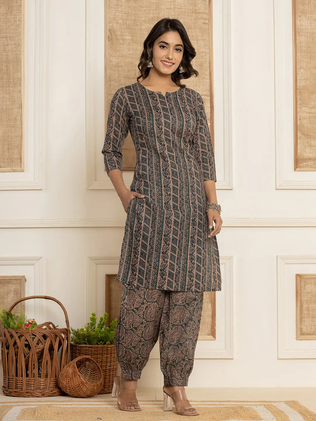 Teal-Cotton-Ethnic-Motifs-Print-Workwear-2-Piece-Kurta-Set