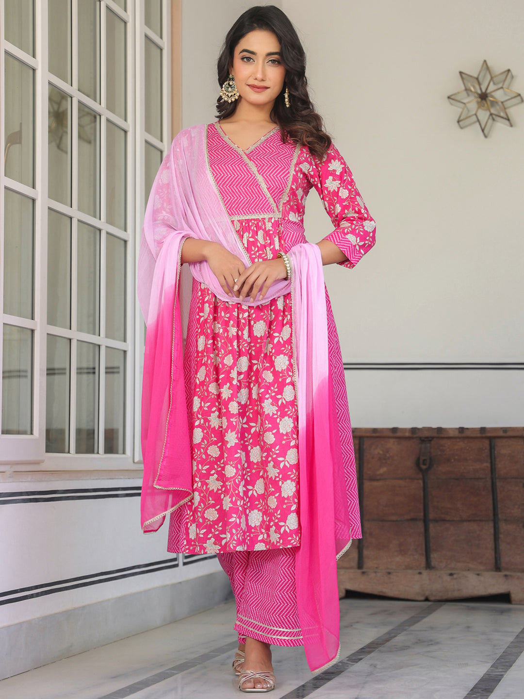 Pink-Cotton-A-Line-Floral-Printed-3-Piece-Kurta-Set