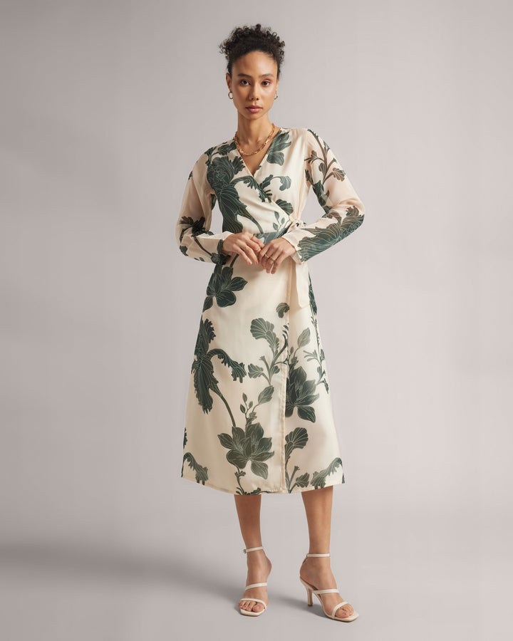 Cream Organza Botanic Print Midi Dress With Waist-Bow