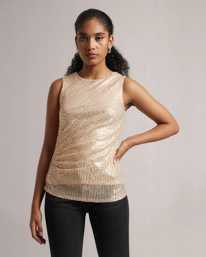 Cream Poly Elastane Full Sequin Ruched Top Only