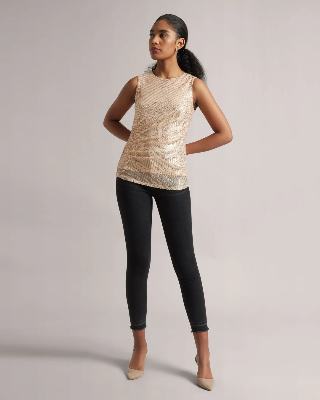 Cream Poly Elastane Full Sequin Ruched Top Only