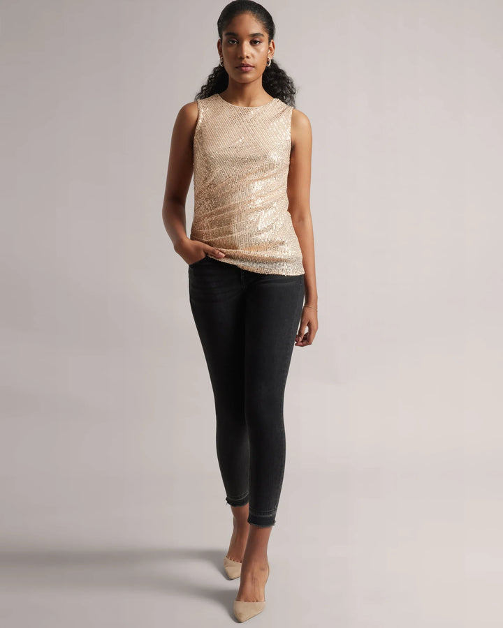 Cream Poly Elastane Full Sequin Ruched Top Only