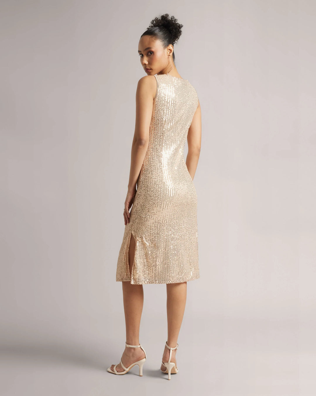 Cream Poly Elastane Sequinned Party Midi Dress