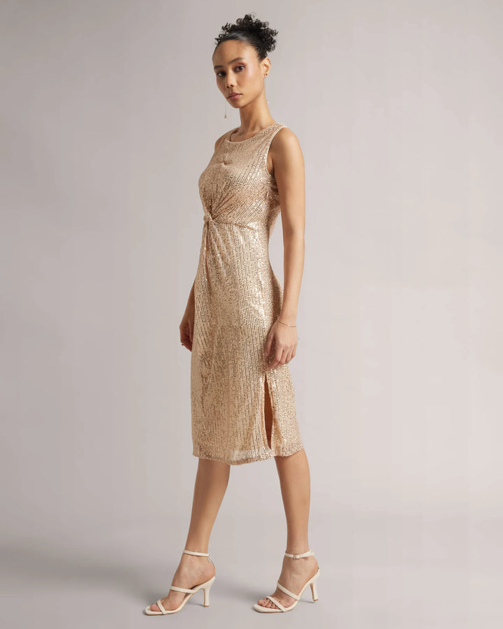 Cream Poly Elastane Sequinned Party Midi Dress