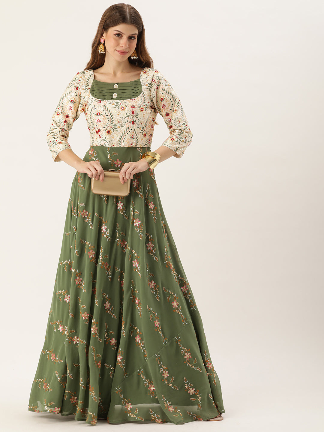 Cream-&-Green-Boat-Neck-Embroidered-Gown