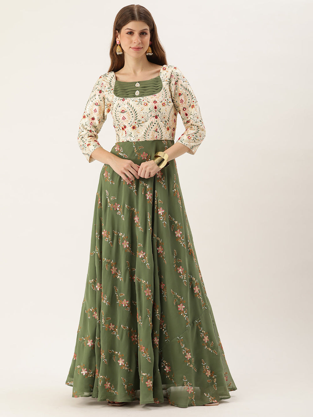 Cream-&-Green-Boat-Neck-Embroidered-Gown