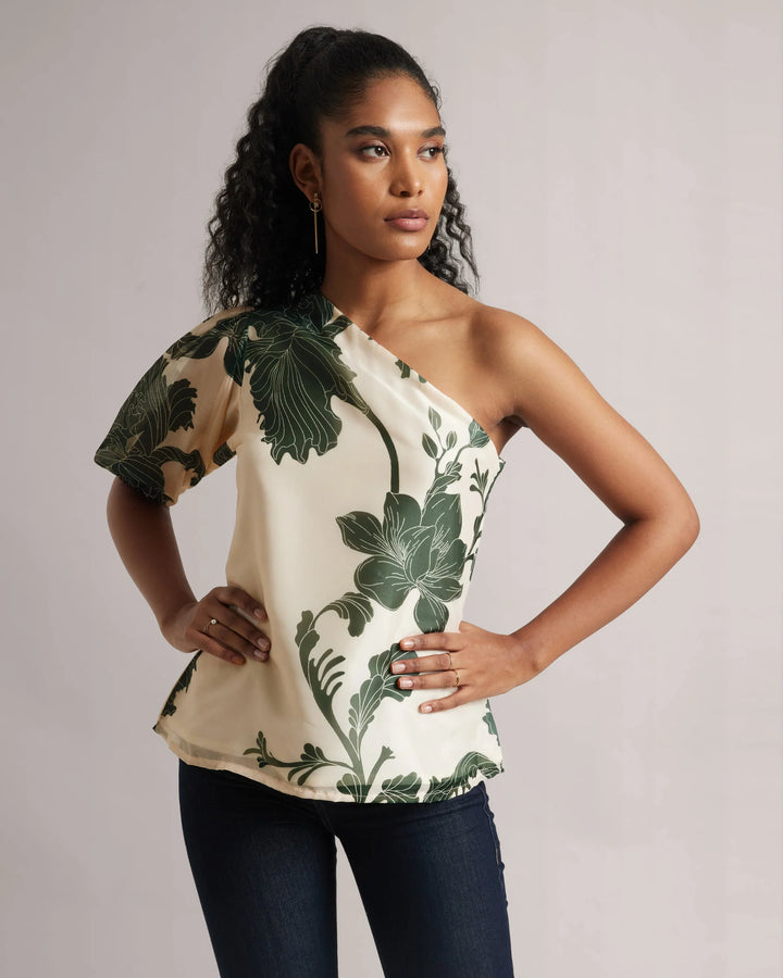 Cream & Green Organza One-Shoulder A-Line Top Only