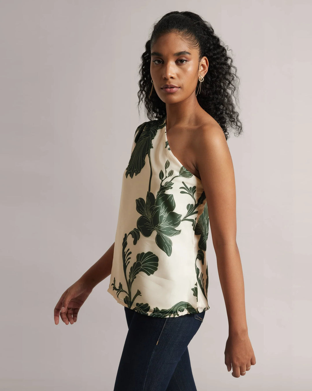 Cream & Green Organza One-Shoulder A-Line Top Only