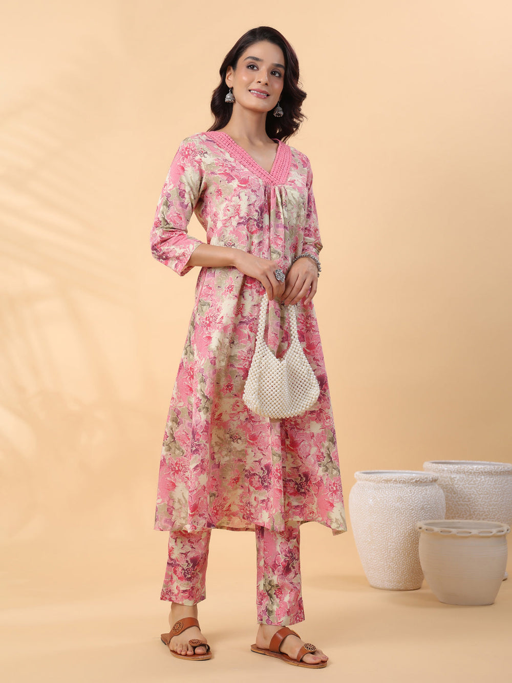 ZERESOUQ-Cream-&-Pink-Cambric-Gathered-2-Piece-Kurta-Set